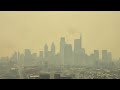 Smoky haze over Philadelphia skyline due to wildfires in Canada