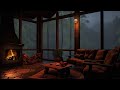 Sleeping Peacefully with Fireplace & Cold Rain Storm in the Forest ⛈️ Calm Cabin Getaway🌧️Dark Space