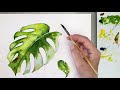 Easy Watercolor Painting - Monstera Plant Leaves-Tutorial for Beginner Step by Step.