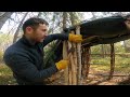 Building a bushcraft survival shelter | Pump fire drill, workbench, char cloth, torches, axe skills