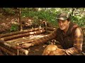 Building a Primitive Bushcraft Hunting and Survival Log Cabin Shelter in the Woods with Hand Tools