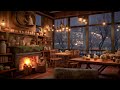 Winter Jazz Instrumental with Rainy Day in Cozy Coffee Shop Fireplace Ambience for Relax