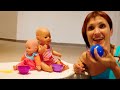 Kids Play Dolls & feeding Baby Dolls at the swimming pool - Family fun video