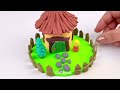 DIY How to make polymer clay miniature house, kitchen set, Hand Pump, cow shed, tree | Dolliyon