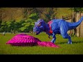 SuperHero Team Blue Spiderman vs Spider-Man Battle in Jurassic World Pink Spinosaurus vs T-Rex