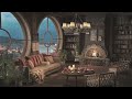 Rainy day fireplace and bookshelves ambience video for relaxing background chill vibes
