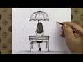Adım Adım Bankta Oturan Arkası Dönük Şemsiyeli Kız Resmi Nasıl Çizilir Kolay Karakalem Çizimler