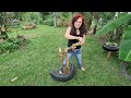 How to make a garden bench with old tire and dry branches - DIY Sustainable Tutorial