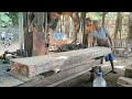 sawing old teak wood full of beautiful grain into chunks of sturdy frame blocks