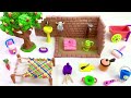 DIY How to make polymer clay miniature Village House, Washroom Set, Kitchen Set, Tree, Charpai