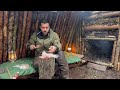 48 h Building Warm bushcraft Survival Shelter- with Fireplace Inside