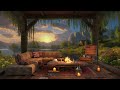 Spring Morning in Cozy Porch Ambience with Relaxing Piano Jazz Instrumental Music & Campfire Sounds