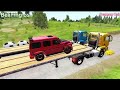 Double Flatbed Trailer Truck vs speed bumps Busses vs speed bumps | Beamng Drive