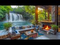 Relaxing  Jazz Music & Warm Fireplace Sounds ☕ Beautiful Porch Ambience Beside The Waterfall