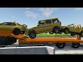 Flatbed Trailer Cars Transportation with Truck - Speedbumps vs Cars vs Train - BeamNG.Drive #07