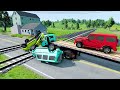 Double Flatbed Trailer Truck vs Speedbumps - Train vs Cars - BeamNG.Drive #4