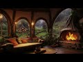 Hobbit Serene Living Room Atmosphere for a Tranquil Evening | Heavy Rainfall and Crackling Fireplace