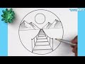 Mountain and River Landscape Drawing - Easy Pencil Drawing Landscape Drawing in a circle