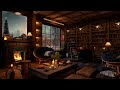Cozy Coffee Shop Ambience with Smooth Jazz Music - Rain on Window & Warm Fireplace Sounds for Sleep