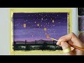 Sky Lanterns Painting with Gouache ｜ Night Sky Landscape Painting