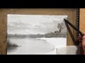 Sunset on a Lake Charcoal Drawing