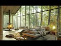 🌳 Cozy Spring Day in Forest Bedroom with Fireplace Sounds and Soft Jazz | Piano Music for Relaxation