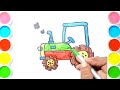 Tractor With Trailer Drawing Panting And Colouring For Kids Toddlers | how to draw tractor easy step