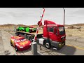 Flatbed Trailer McQueen Cars Transportation with Truck - Pothole vs Car #02- BeamNG.Drive