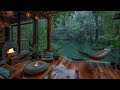 Tropical Forest Porch On Rainy Day - Calming Rain and Fireplace Sounds To Relax, Sleep, Rest