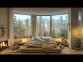 Early Morning Bedroom in Forest with Fireplace Sounds & Soft Jazz Piano | Music for Relax, Study