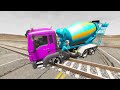 Flatbed Trailer Tractor Mixer Truck vs Rails - Cars vs Speed Bumps - BeamNG.Drive