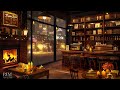 Smooth Jazz Instrumental Music and Crackling Fireplace in Cozy Coffee Shop Ambience on a Rainy Night